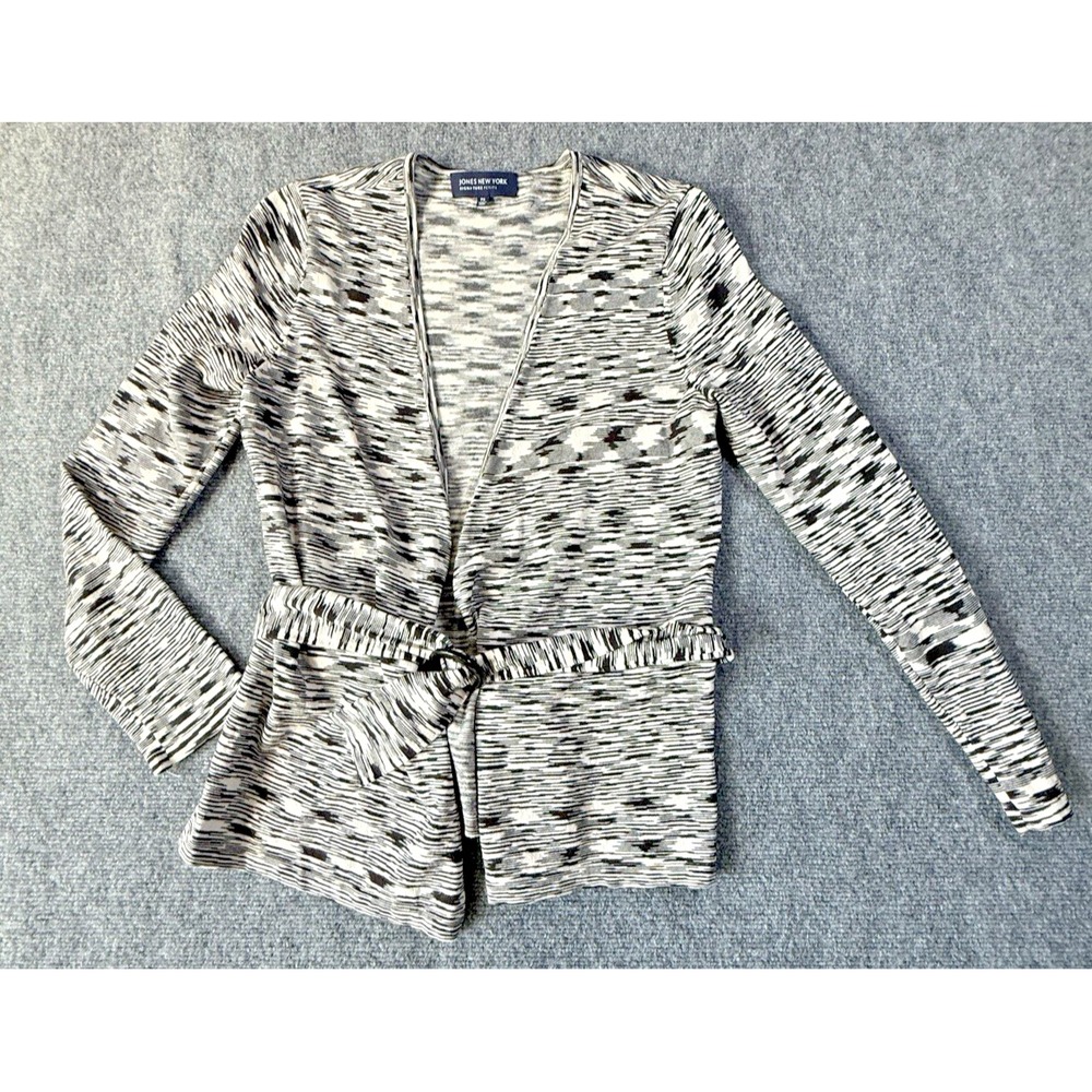 Jones New‎ York, Silk Blend, Button Front, Black/White Striped Belted Cardigan S